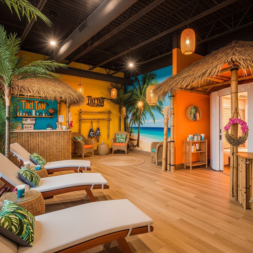 The Tiki Tan lobby in Goshen — a bamboo tiki bar, palm trees, loungers and a painted beach mural