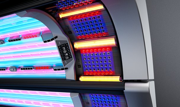 Blue UVA lamps, yellow UVB tubes and red beauty LEDs lit together inside the KBL P9S canopy